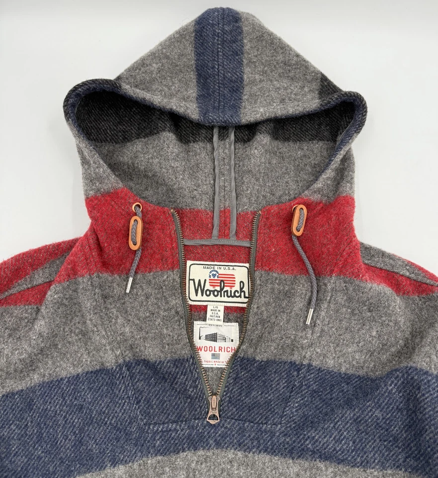 Woolrich Pullover Sweater Mens Large Gray Red Blue Striped Hooded Wool USA Made - Image 2 of 4