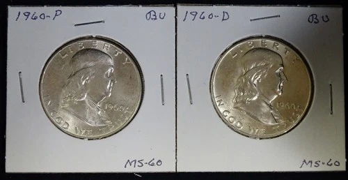LOT OF 2 1960 P / 1960 D BU 90% Silver FRANKLIN HALF DOLLAR Coins