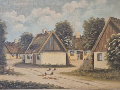 Antikes Ölgemälde Dorfszene um 1927 - signiert E. Rasmussen Reetdachhäuser