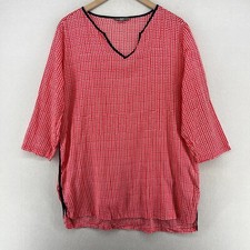 UNIQLO Top Womens M JOHN ROBSHAW Tunic Split V-Neck Printed Woven Cotton Red