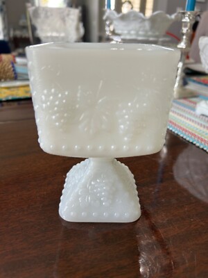 Vintage Anchor Hocking Milk Glass 5  Square Flower Vase Grapes & Leaves Compote