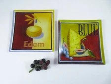 Geoffrey Allen Pair Glass Cheese Plates Edam Blue 5.75" Square Earth Tone Colors