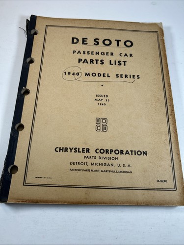 1940 DeSoto Passenger Car Parts List Book Catalog S7 & S7S Models Original