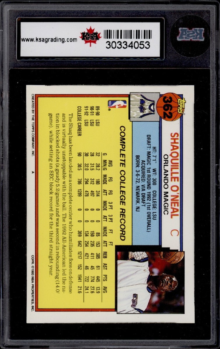 1992-93 TOPPS #362 SHAQUILLE O'NEAL ROOKIE CARD KSA 10 GEM MINT | eBay