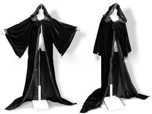 Black Hooded Velvet Wizard Cloak/Cape Men Halloween With Sleeves Robe HOT SELL - Picture 6 of 9