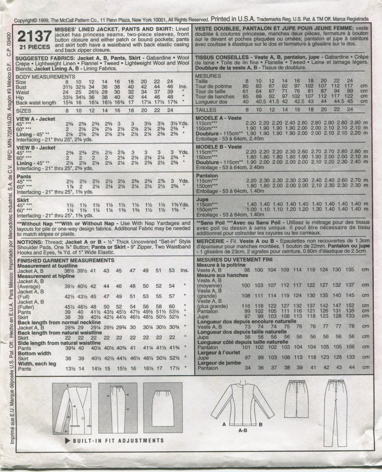 McCalls 2137 Jacket Pants Skirt Misses Sewing Pattern Uncut | eBay