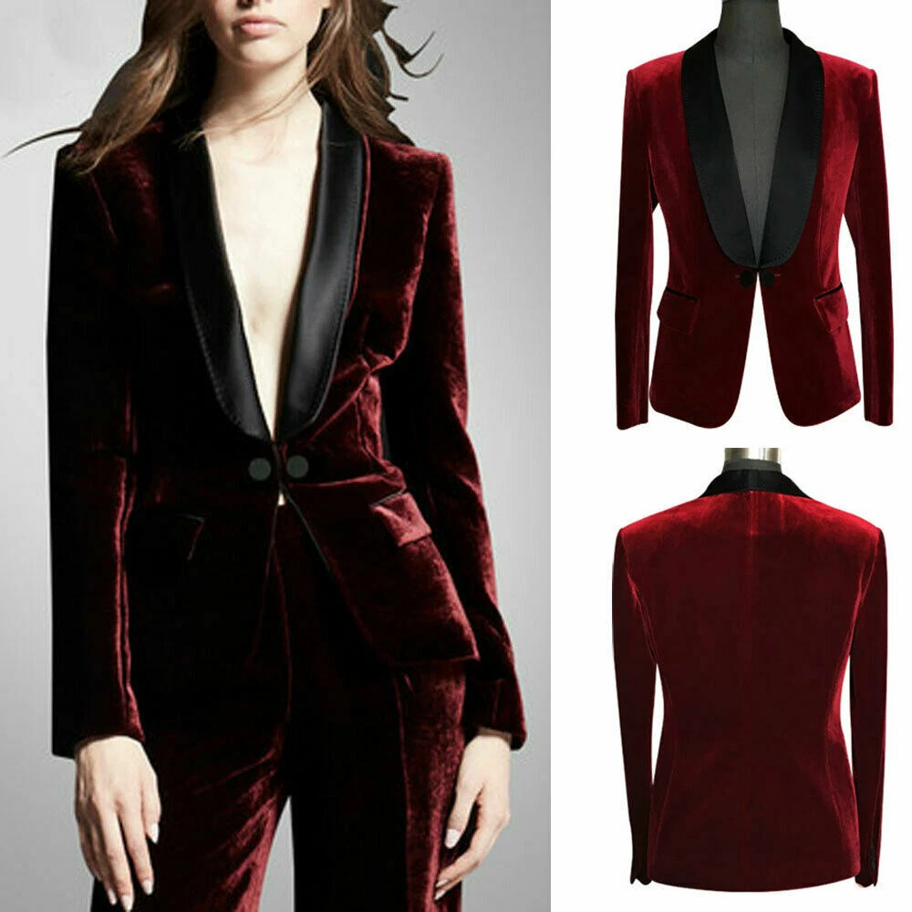 Burgundy Velvet Formal Pant Suits Women's Ladies Party Evening