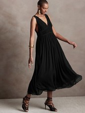 Banana Republic CRINKLE MIDI DRESS WITH SILK, BLACK SIZE MT M T   #803331 X0917H