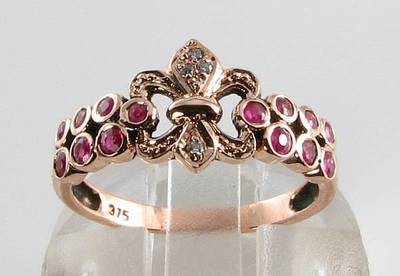 DIVINE 9CT 9K ROSÉGOLD RUBIN DIAMANT ART DECO INS WAPPENBAND RING KOSTENLOSE GRÖSSENÄNDERUNG