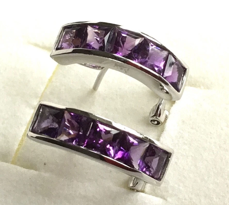 18k White Gold Channel Set Princess Cut Amethyst Earrings Omega Back 6g - Image 4 of 4