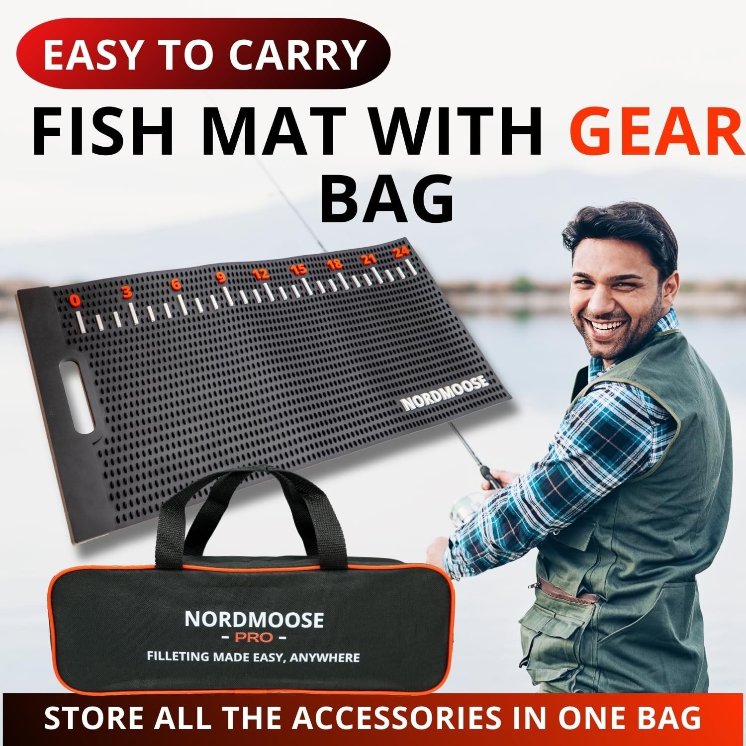 Fish Fillet Mat with Storage Bag and Ruler Decal. 28"L x 14"W, Black 