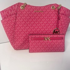 Michael Kors Chain Tote and Wallet Set MK Signature Logo Electric Pink