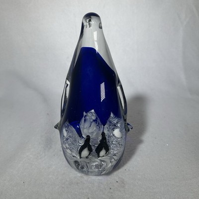 Vintage PENCO Clear & Cobalt Blue Art Glass Mother 7'' Penguin & Babies Figurine