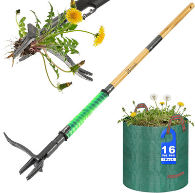 Weed Puller Tool, Heavy Duty Gardening Hand Tools with 4-Claw Steel Head & Dual-