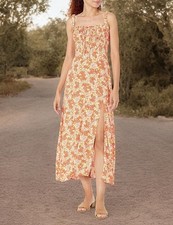 ASTR The Label Elsie Women's XL Orange Floral Print Tie Front Slit Midi Dress