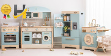 Wooden Play Kitchen Set with Utensils Ice Maker Fridge Oven Washer w/Accessories