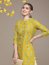 Indian Women Green Pure Cotton Ethnic Motifs Printed Kurta Kurti Top Tunic Dress