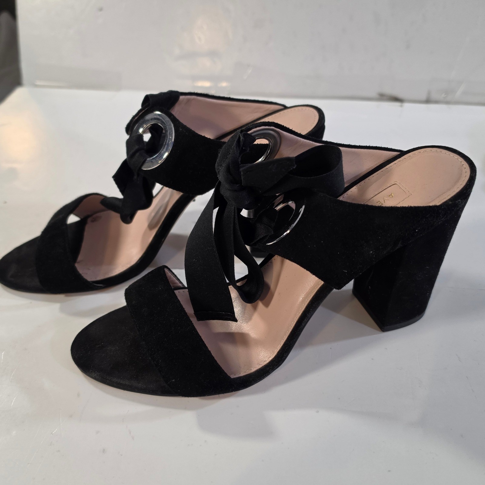 Avec Les Filles Black Suede Mules Block Silver Grommet Tie Sandals Womens Sz 7.5 image 6