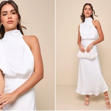 LULU's Bridal HIneymoon Engagement White Satin Modest Halter Mermaid Midi Dress