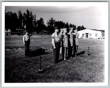 Vtg B W Snapshot US Army Soldiers IN Uniform Standing IN Field By Barracks 1940s