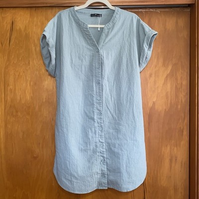 Emery Rose 100% Cotton Dress Short Sleeve Collarless Button Down Casual P2P 21 