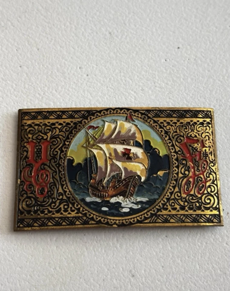 plaque de boucle de ceinture ancienne en laiton décoré émaillée - Photo 1/2