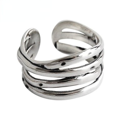 925 Sterling Silver Adjustable Layered Chain Ring, Party One Size,