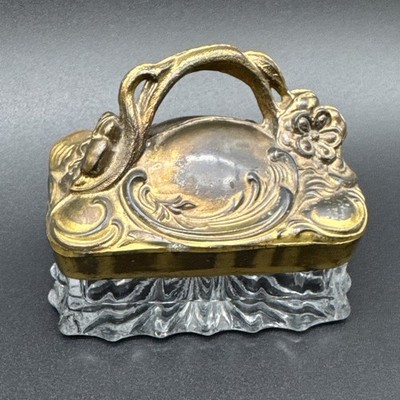 Vintage Glass Vanity Casket Jar Art Nouveau Bronze Gold Floral Ornate Metal Lid