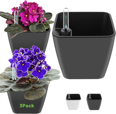 Self Watering Planters for Indoor Plants 5 Inch 3 Pack Grey Planter with Water L