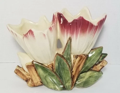 Antique Early Original McCoy Double Tulip Crocus Art Pottery Vase White Pink USA