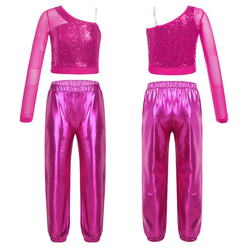 Kids Girl's Dance Outfit Latin Tracksuit Gym Crop Top With Pants Stage Sheer - Picture 25 of 87