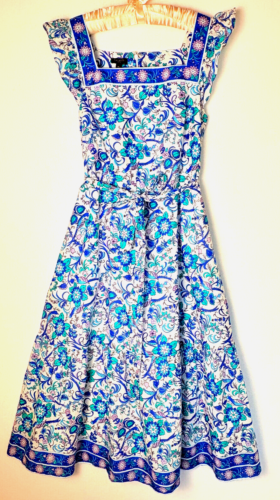 Talbots Fit and Flare Dress Voile Songbird Square Neck Blue White Floral 6 P