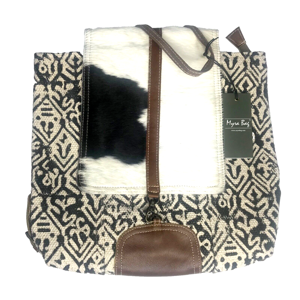 Myra Bag Handmade Singapore Backpack Upcycled Canvas & Cowhide Leather Myra Bag Brown Daisy Backpack Upcycled Canvas & Cowhide  main image 2