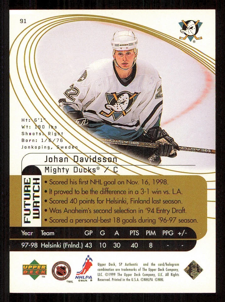 1998-99 SP Authentic Power Shift #91 Johan Davidsson /500 - Image 2 of 2