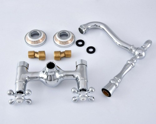 Polished Chrome Bathroom Kitchen Dual Cross Handles Sink Faucet Wall Mount - Bild 7 von 7