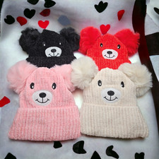 Cute Kids Knit Teddy Bear Pom Pom Beanie Warm Sherpa Lined Warm Winter Hat Gift