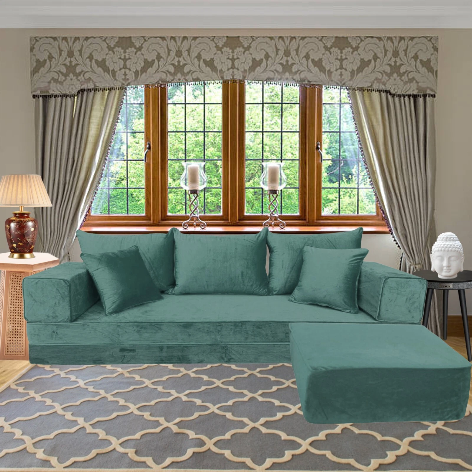 Arabic MAJLIS Sofa | Corner HANDMADE Green Velvet SOFA Set | Boho FLOOR Cushions
Opens in a new wind