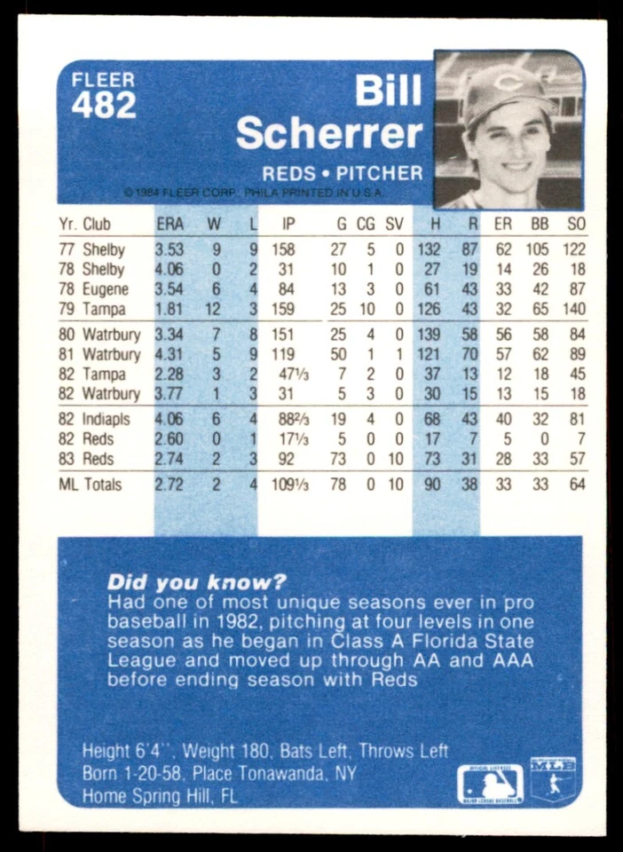 1984 FLEER BILL SCHERRER . CINCINNATI REDS #482 - Image 2 of 2