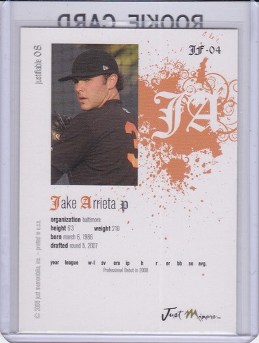 JAKE ARRIETA 2008 Just Minors ROOKIE CARD Baseball CHICAGO CUBS PHILLIES RC - Bild 2 von 2