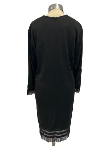 DKNY Shiny Black Stretchy Shift Dress Body Con Long Sleeves Fringed Hem Sz 12-14 - Picture 5 of 10