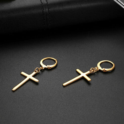 Herren Kreuz Hängel Ohrringe Edelstahl Klappbar Piercing Huggie Reifen Ohrring - Bild 12 von 25