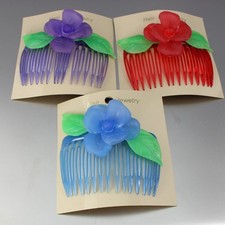 LOT OF 3 VINTAGE 60 S RED BLUE PURPLE FLOWER GREEN LEAF PLASTIC HAIR COMBS