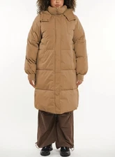 Puffit Puffer Coat Womens M Beige Midi Hood Zip Quilted Cold Weather Essential