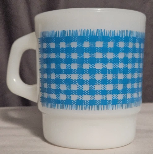 FIRE KING GLASS MUG BLUE GINGHAM