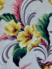 40’s Yellow Hibiscus Arts & Crafts Hawaiian Mid Century Barkcloth Vintage Fabric