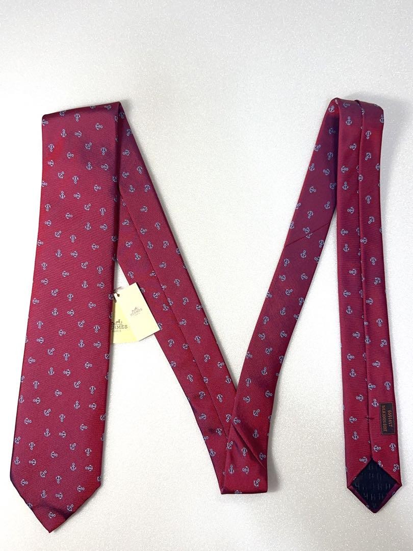 HERMÈS Wine Red Tie Silk Men Anchor Pattern Logo France Box Tags