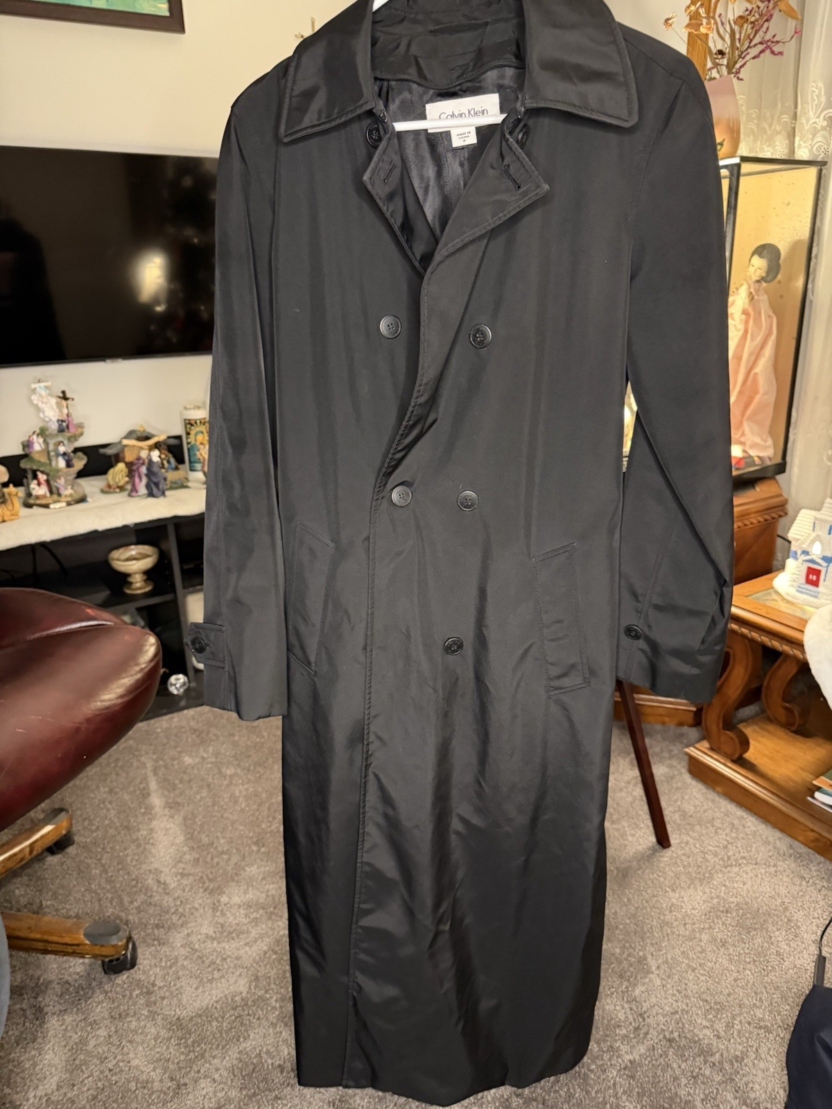 Calvin Klein Black Long Solid Button Trench Coat … - image 1