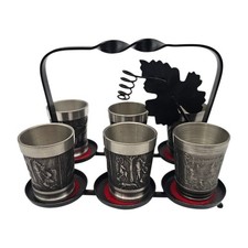 6 Zinn Becher mit Tragegestell Metall mit Blatt Motiv Schnaps Likör 420 Gramm 