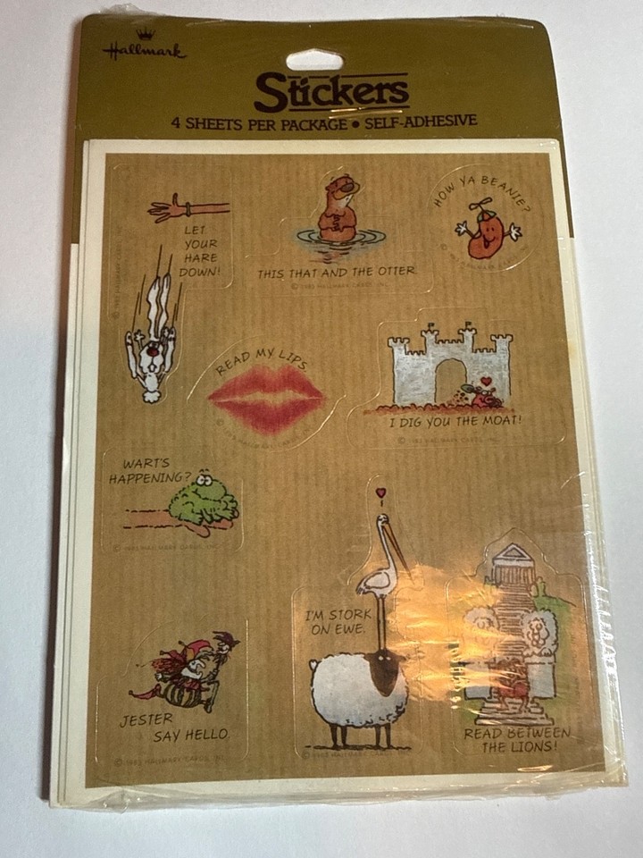 Sealed vintage Hallmark pun sticker sheets — unopened wordplay nostalgia that doubles as a collectible and a gag gift.
