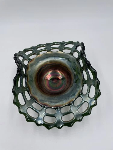 Fenton Carnival Glass Green Basket Weave Open Lace Edge Bonbon Candy Dish
